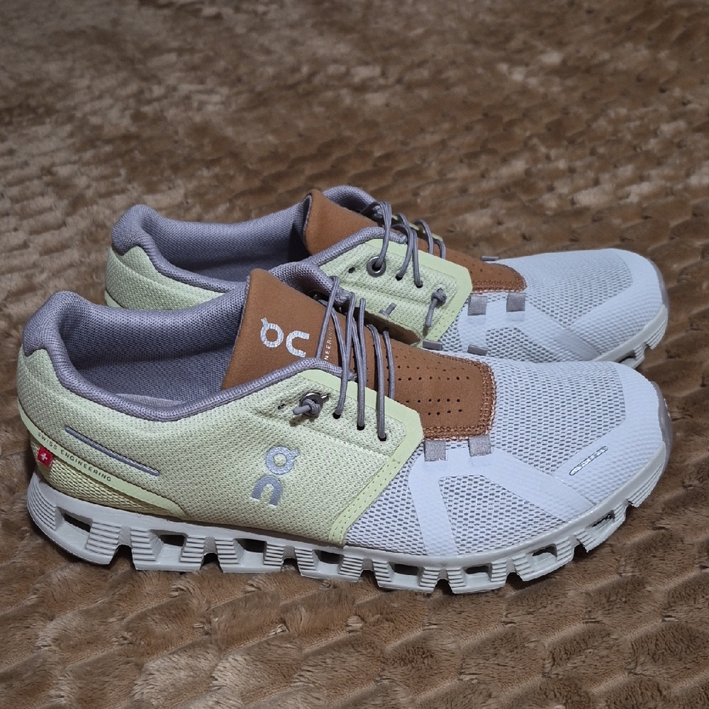 On Running Womans Shoes - White, Tan, and Light Green